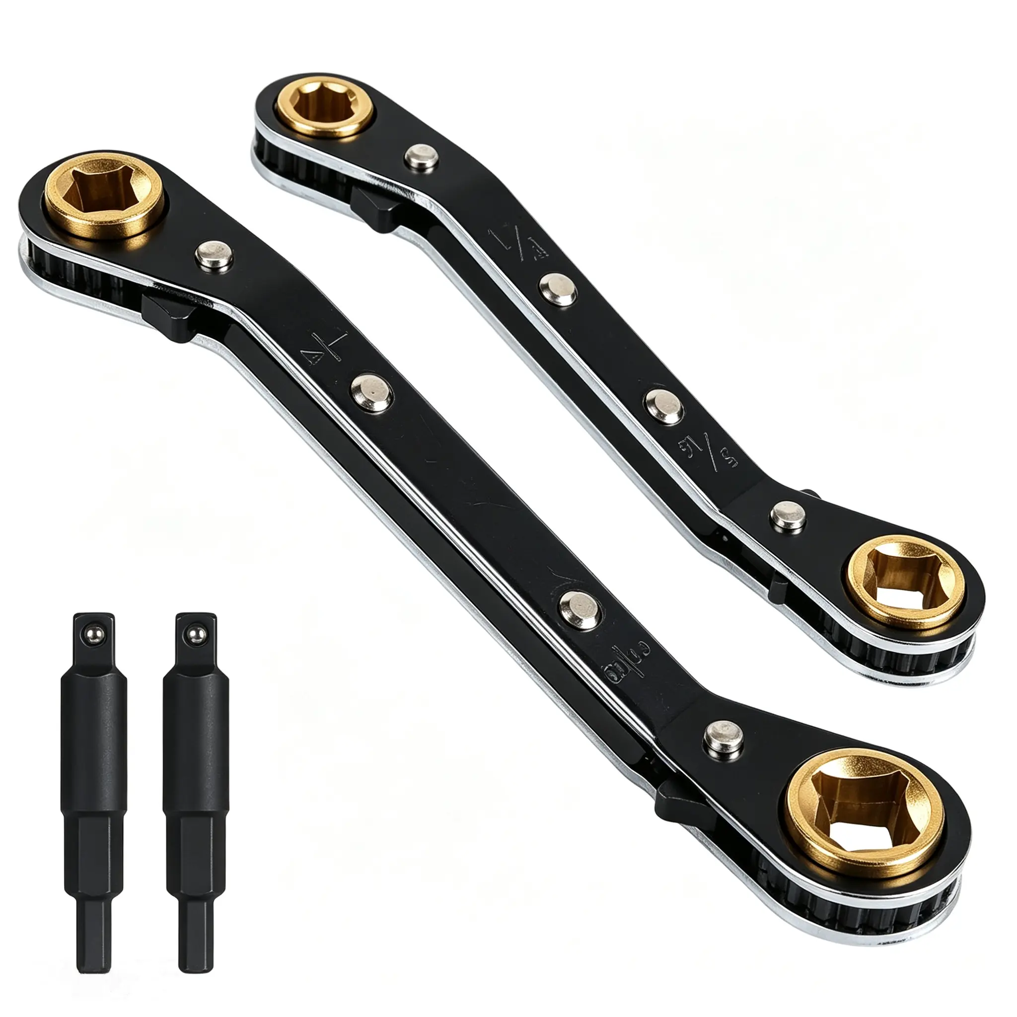 4 Pcs HVAC Service Ratchet Wrench Set,Including 2 Pcs Reversible Black & Gold Refrigeration Wrench Kit with 2 Pcs Hex Bit Adapters,Halloween Christmas Party Gifts,Tools & Hardware