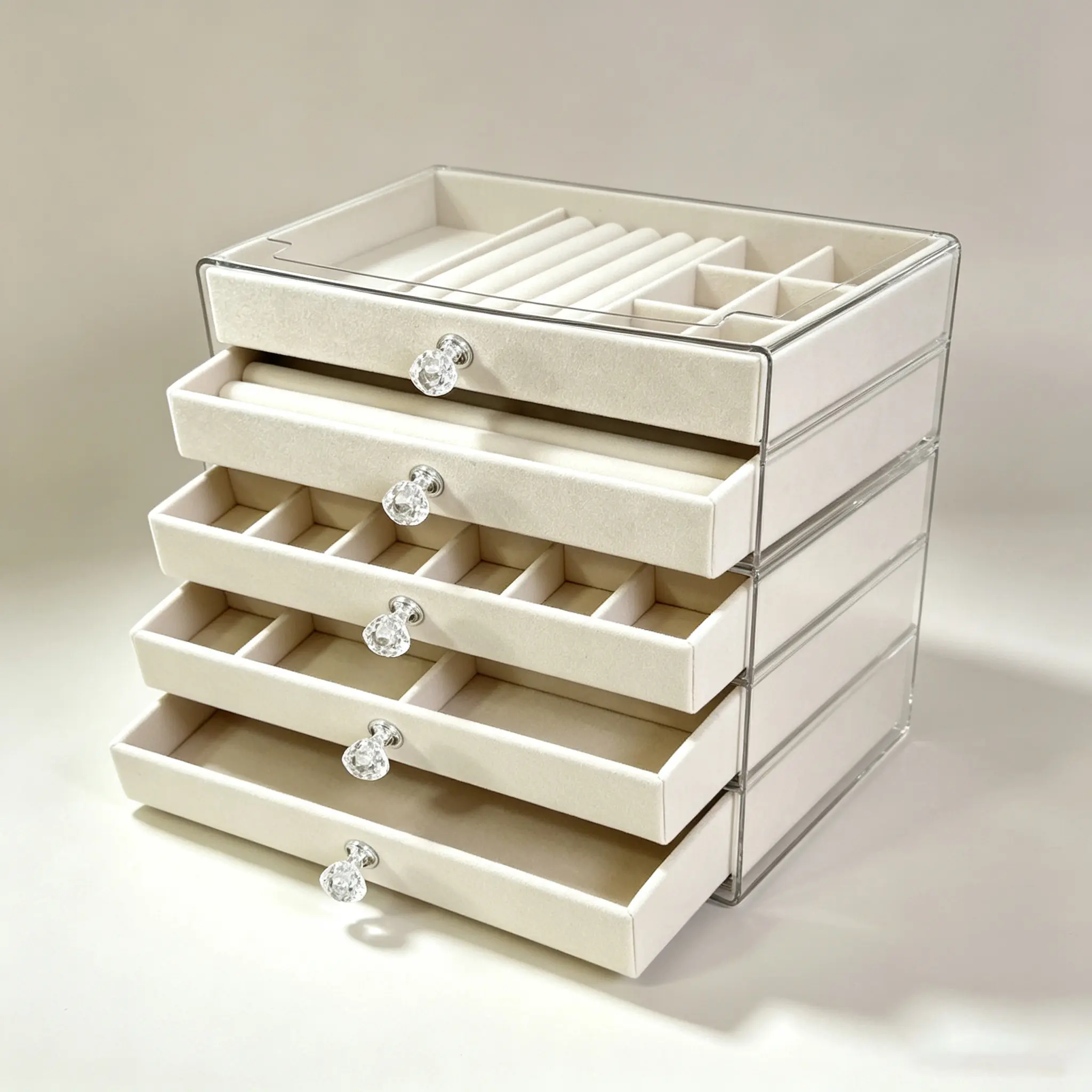 5-Layer Flannel Jewelry Box, Crystal Knob Earring & Small Accessories Storage, Luxury Home Jewelry Organizer for Vanity Decor