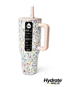 HydroJug 40oz Cute Wildflower Tumbler with Handle & Straw - Stainless Steel Insulated Coffee Mug, Leak-Proof Screw Lid,  Floral Water Bottle for Women, Perfect for Iced Coffee, Water & Outdoor Use