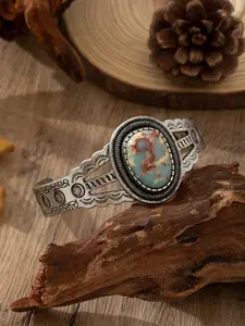 1pc Vintage Bohemian Style Women's Half-Arch Floral Carved Faux Stone Iron Bangle, Suitable For Outfit Matching, Daily And Holiday Wear