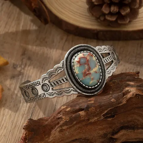 1pc Vintage Bohemian Style Women's Half-Arch Floral Carved Faux Stone Iron Bangle, Suitable For Outfit Matching, Daily And Holiday Wear, Exquisite Trendy Bracelet Bangles Bracelets