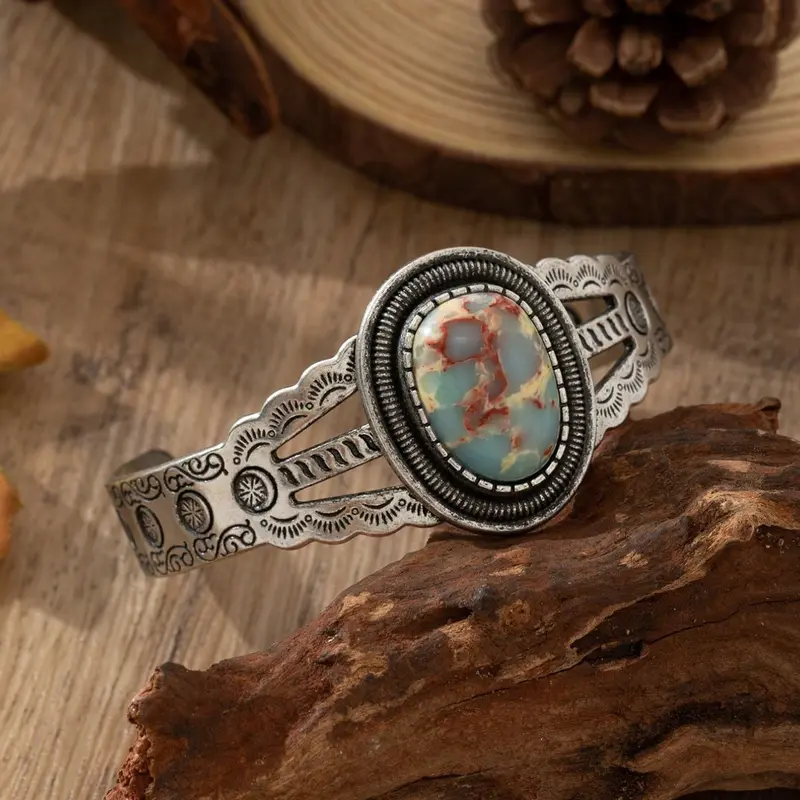 1pc Vintage Bohemian Style Women's Half-Arch Floral Carved Faux Stone Iron Bangle, Suitable For Outfit Matching, Daily And Holiday Wear, Exquisite Trendy Bracelet Bangles Bracelets