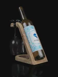3D Printed Wood‑Look Wine & Glass Holder – Rustic Single Bottle Stand with 2 Hanging Wine Glass Slots for Bar Cart or Table Decor.