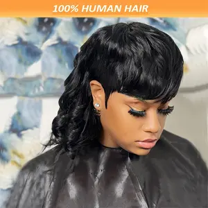 2025 NEW Fashionable Elegant 10-Inch Mullet Wig with Bangs for Women - Loose Wave, Glueless Human Hair Pixie Cut, 150% Density, Hair Wig