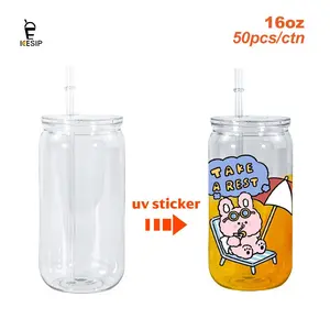 ICESIP 50pcs/ctn 16oz single wall Single-layered clear plastic acrylic Cup Can with plastic straws,uvdtf custom,Portable Bottles,for Iced coffee Juice Cocktail beer,party using Party gift Holiday Gift