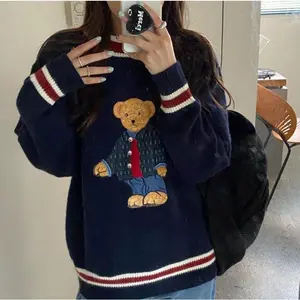 Loose And Lazy Style Knitwear-Cute knitted sweater Pullover Blue
