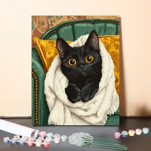 DIY Paint-by-Numbers Set "Kuschelkatz" - Includes Printed Canvas with Numbered Fields Wooden Frame Acrylic Paints & Brushes for Adults & Kids Fun Scene Sticker Book