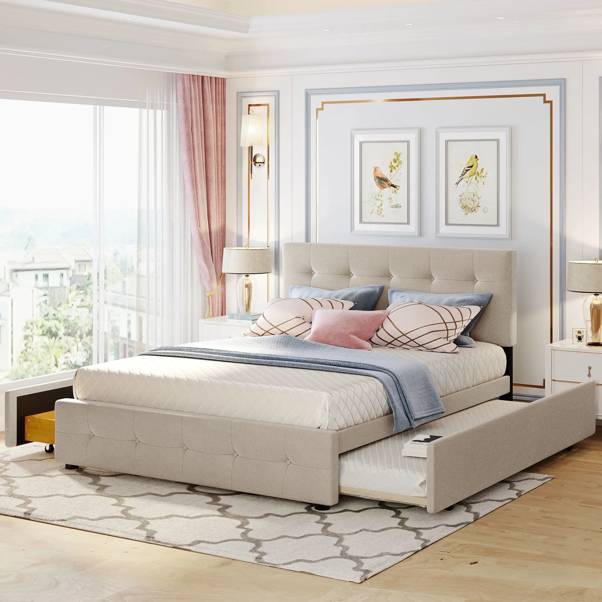 Queen Upholstered Platform Bed with 2 Drawers and 1 Twin XL Trundle,