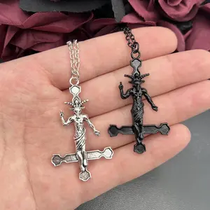 Goth Satanic Baphomet Inverted Cross Pendant Necklace Upside Down Cross Satan Demon Devil Lucifer Jewelry