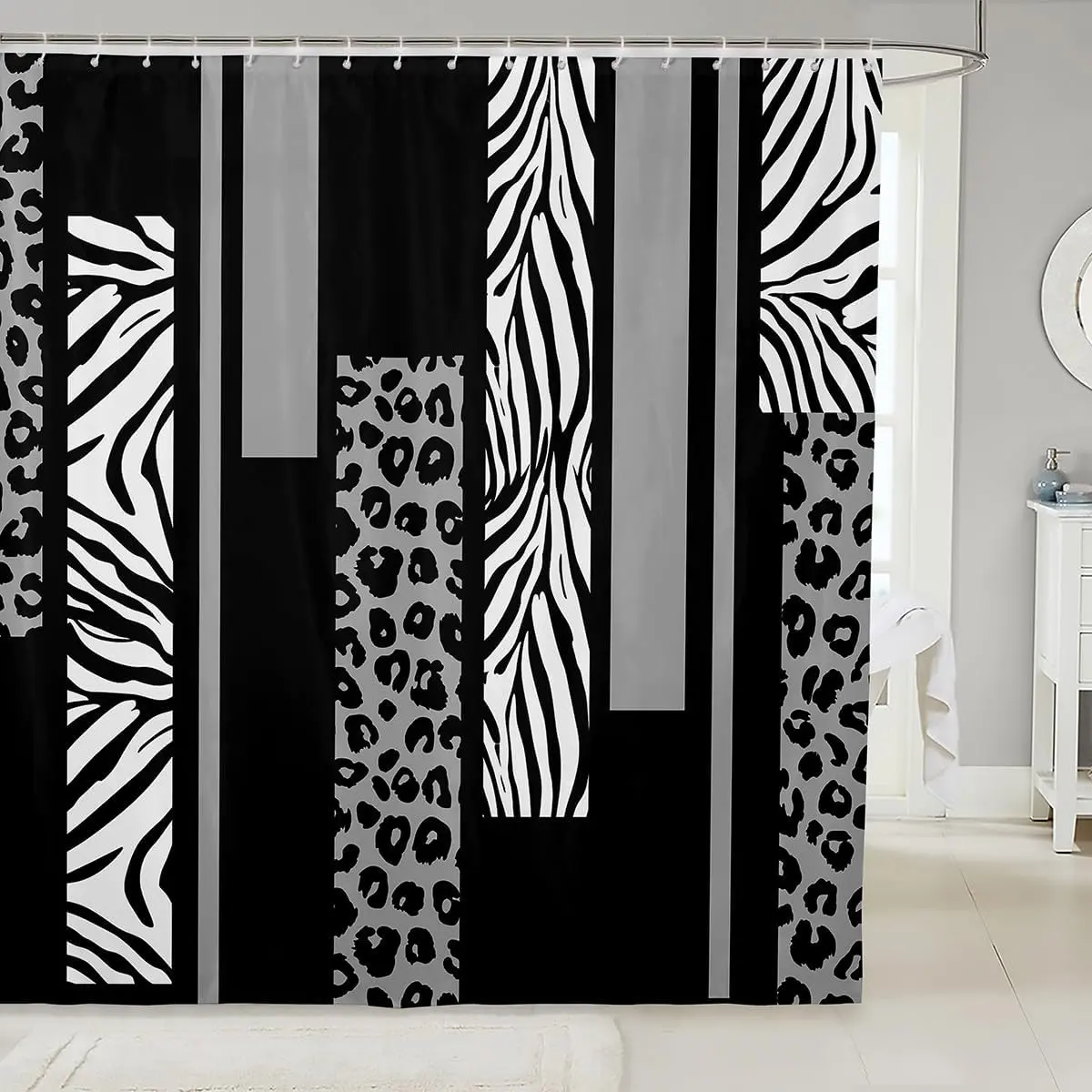 Leopard Print Shower Curtain,Cheetah Zebra Skin Geometric Patchwork for Bathroom,Women Room Decor,Rustic Farmhouse Black White Grey Fashion Waterproof,