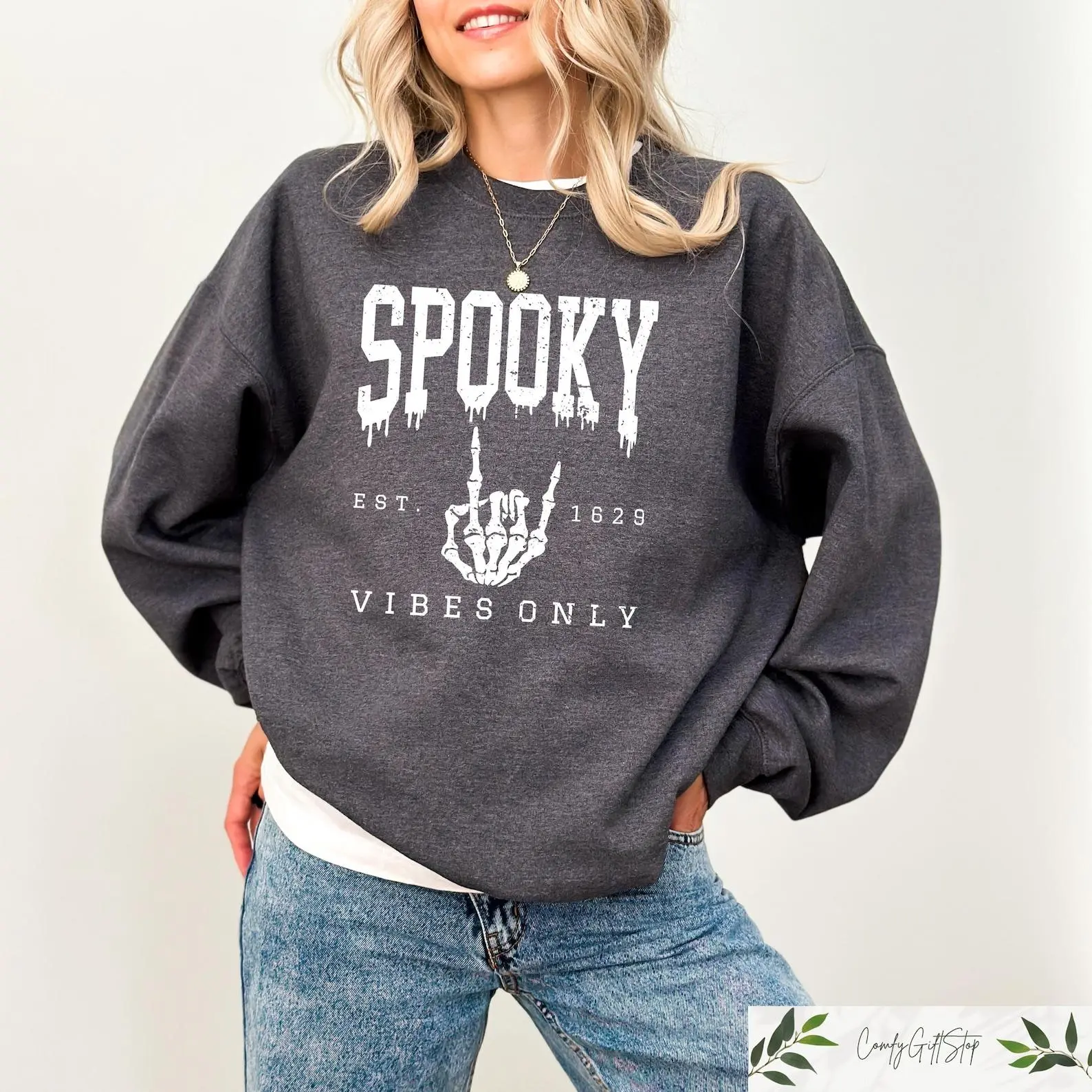 Spooky Vibes Only Sweatshirt, Skeleton Rock Hand Halloween Graphic Sweatshirt, Gothic Horror Pullover, Spooky Season Gift for Women and Men