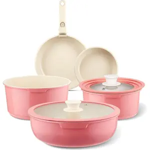 IKTU Pots and Pans Set Non Stick Pink, 8 Pcs Nonstick Set with Detachable Handle RV Camping Induction Set Non Stick, PFAS PFOA & PTFE Free