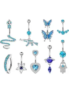 9PCS Belly Button Rings 316L Surgical Stainless Steel Belly Piercing 14G Cute Pink CZ Dangle Belly Rings Curved Navel Rings Barbell Body Piercings Set Body Piercing Jewelry for Women