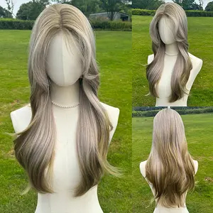 SMILCO/26Inch Ombre Grey Ash Green Small Lace Front Long Curly with Bangs Synthetic Wig/SM478