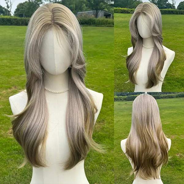 SMILCO/26Inch Ombre Grey Ash Green Small Lace Front Long Curly with Bangs Synthetic Wig/SM478
