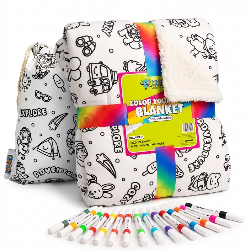 Craftikit Kids Coloring Sherpa Blanket - Comfy and Cozy Fluffy Lightweight Blanket, Travel Animals Animal Fun Design, Fabric Markers, Travel Tote Bag, Custom Option, Kid-Made Sleepover Buddy Birthday Gift, Cozy Warm Blanket, Soft Blankets, Sherpa Blankets