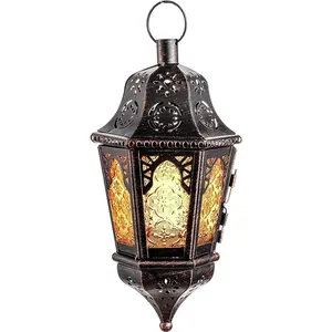 X-OMT16 Hanging Moroccan Lantern, 13.5'' Vintage Metal Candle Holder with 14.8" Chain, Ramadan Lanterns Decorative Indoor Outdoor for Home, Table, Patio, Porch, Christmas,Halloween, Spring (Amber) Glass Iron
