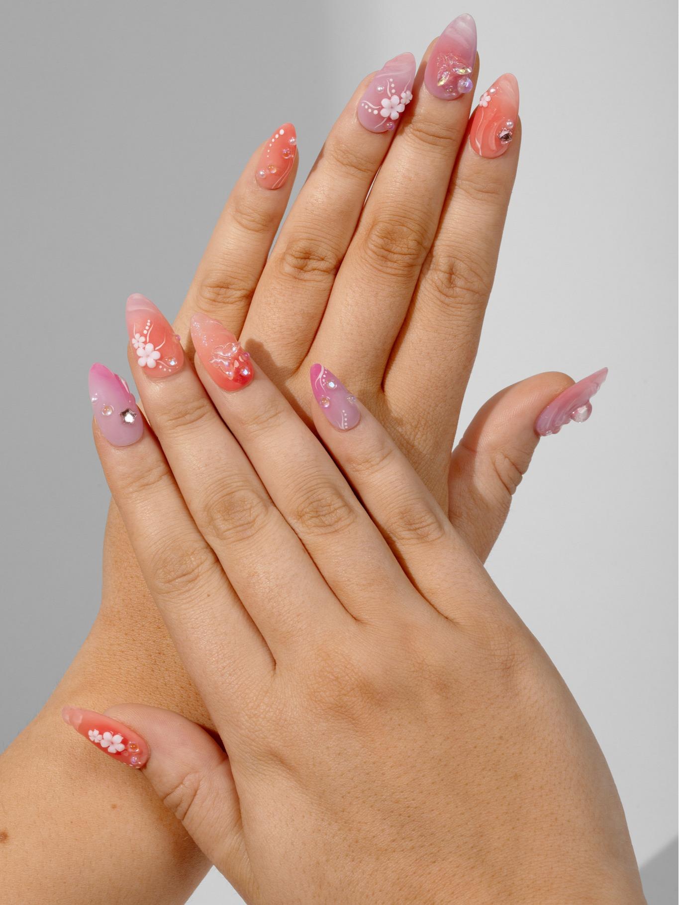 Glamor Beauti Sakura Blossom 10 PCS Reusable Press-On Nails Handcrafted 3D Gel Set Long Lasting Eco Friendly Nail Kit Included with Free Application Kit