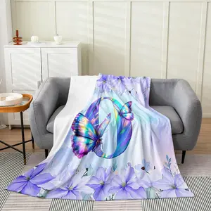 Fairy Butterfly Letter A-Z Flannel Blanket,Watercolor Gradient Lotus Flower Bed Blanket,Monogram Initial Girls Boys Sofa Decor,Purple Fuzzy Blanket