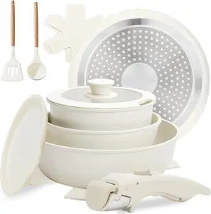 10 pcs Pots and Pan Set Non Stick with Detachable Handle, Ceramic Cookware Set for Stackable, Induction Kitchen Cookware Set for RV, Dishwasher & Oven Safe, Cream White