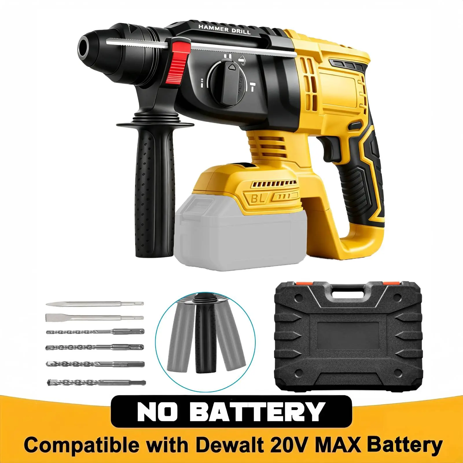 Brushless SDS-Plus Rotary Hammer Compatible with DeWalt 20V MAX Battery – 2.7J Impact Energy, 4-Mode Hammer Drill, Includes 6 Drill Bits (Tool Only)
