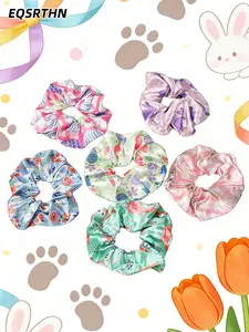 6pcs Spring Cute Printed Scrunchie Set, Accessories, featuring printed elements of rabbits, Easter eggs, flowers, paired with soft silk-like fabric. The style is fresh, making it suitable for spring and summer sweet girl