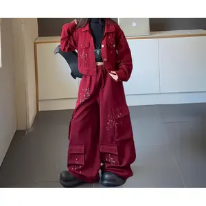 2025 New Girls' Spring and Autumn Denim Long Sleeve Jacket and Casual Cargo Pants Set for Older Children