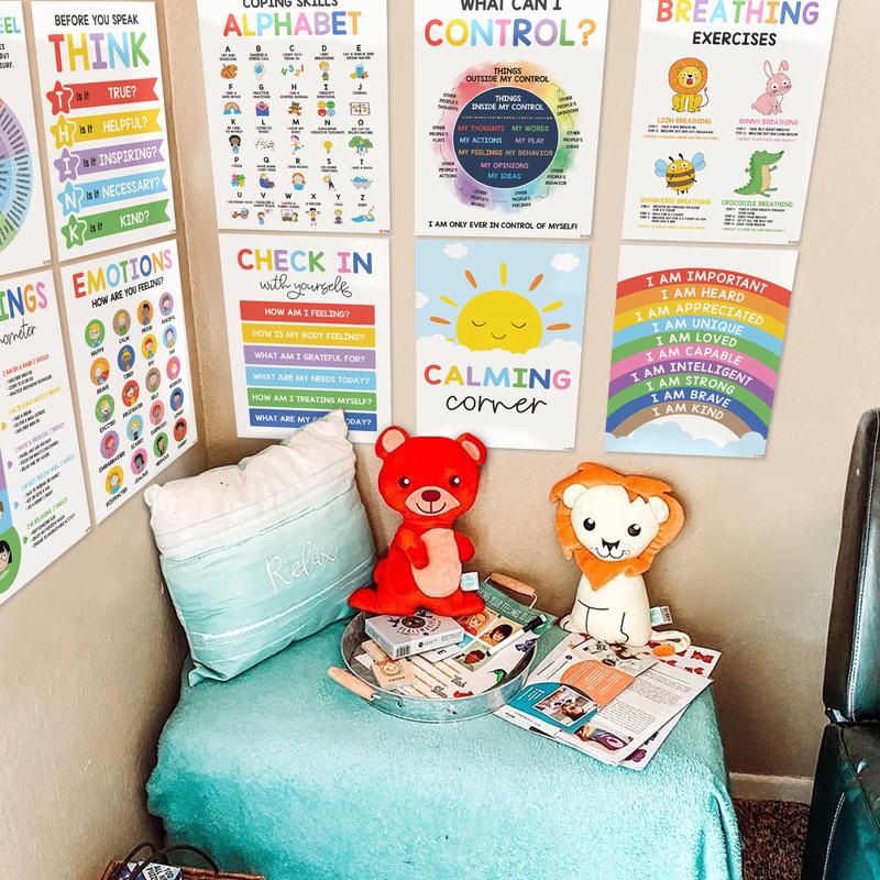12 Pcs Calming Posters – ESL, Emotions Chart & Feelings Wheel for Kids, Calm Down Corner Supplies, Classroom & Therapy Decor Visual Learning to regulate emotions and emotional intelligence Tools