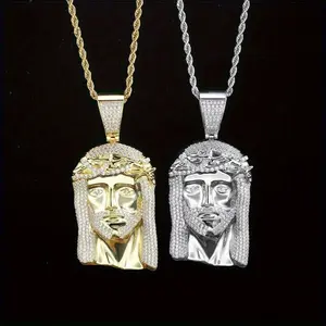 MaxBling81 AAA+ Simulated Diamond Brass Jesus Religious Iced Charm Bling Pendant, 14K Stamped, 5mm Long Rope Chain Necklace (20" or 24") - Hip Hop Fashion Costume Jewelry for Casual Wear