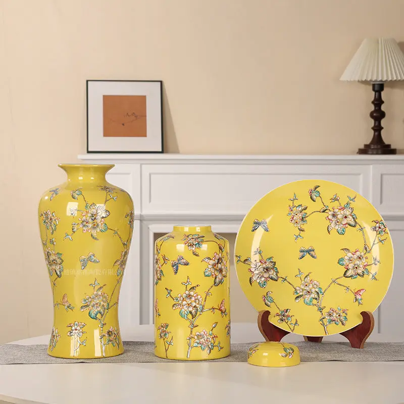 Floral Handpainted Yellow Chinese-Style Ceramic Flower Vase Set - Artisanal Handmade Type C Decor, Varied Sizes, Multiple Types for Home
