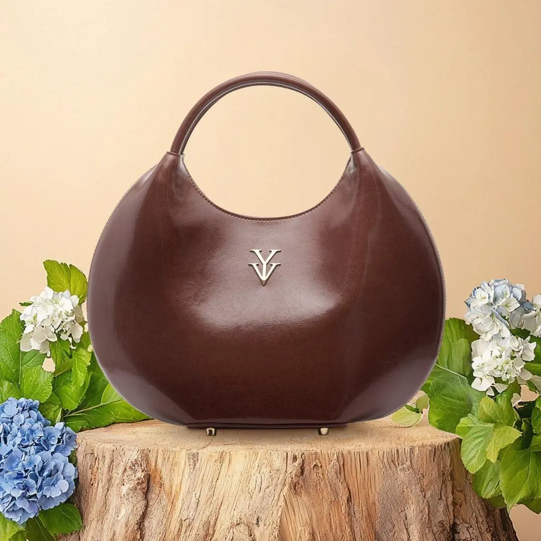 Women's Genuine Leather Round Designer Handbag - Yahn Vanziano OLINA, Minimalist & Elegant, Impeccable Stitching, 6 Color Options Daily Commuting Bag