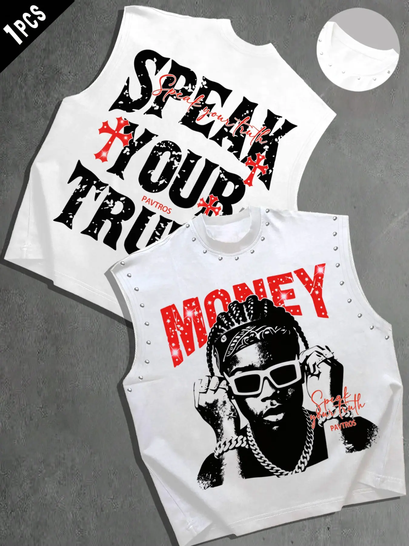 Unisex Sleeveless Tank Top, Graphic Letter Print + Rivet Design, Round ...