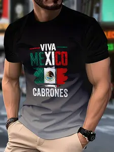 Men's Trendy VIVA MEXICO CABRONES Flag 3D Print Short Sleeve T-Shirt 2026 Viral Street Latin American Style Personality Fashion Casual Versatile Slim Fit Standard Bodycon Muscle Guy Four Seasons Essential Ins Net Red Same Handsome Top