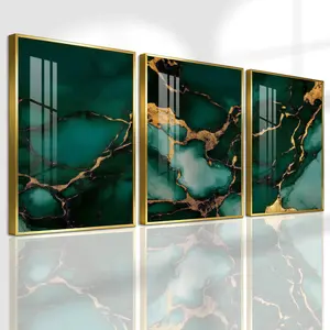 3 Count Aluminum Alloy Frame Canvas， Green And Gold Marble Texture Fashion Poster， Modern Living Room Decoration， Light Luxury Family Art， Suitable For Bedroom， Corridor And Office Wall Decor， Gift