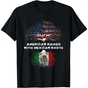 men gifts [100% Cotton] American Raised Mexican Roots T-Shirt With Flag Inspired Tree Design .