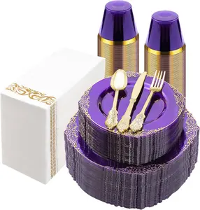 175PCS Clear Purple Plastic Plates Set for 25 Guests with Gold Trim Includes 25 Dinner Plates 25 Dessert Plates 75 Gold Silverware 25 Cups 25 Napkins Eco-Friendly Party Wedding Supplies Hand Washable Gift