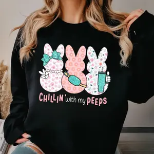 Easter Bunny Sweatshirt - Chillin With My Peeps Front Design With Floral Peeps Trio , Cute Spring Graphic Pullover For Women , Easter Weekend Party And School Event Wear , Soft Girly Pastel Look , Gift For Bunny Lovers Casual Cotton Crewneck Fabric