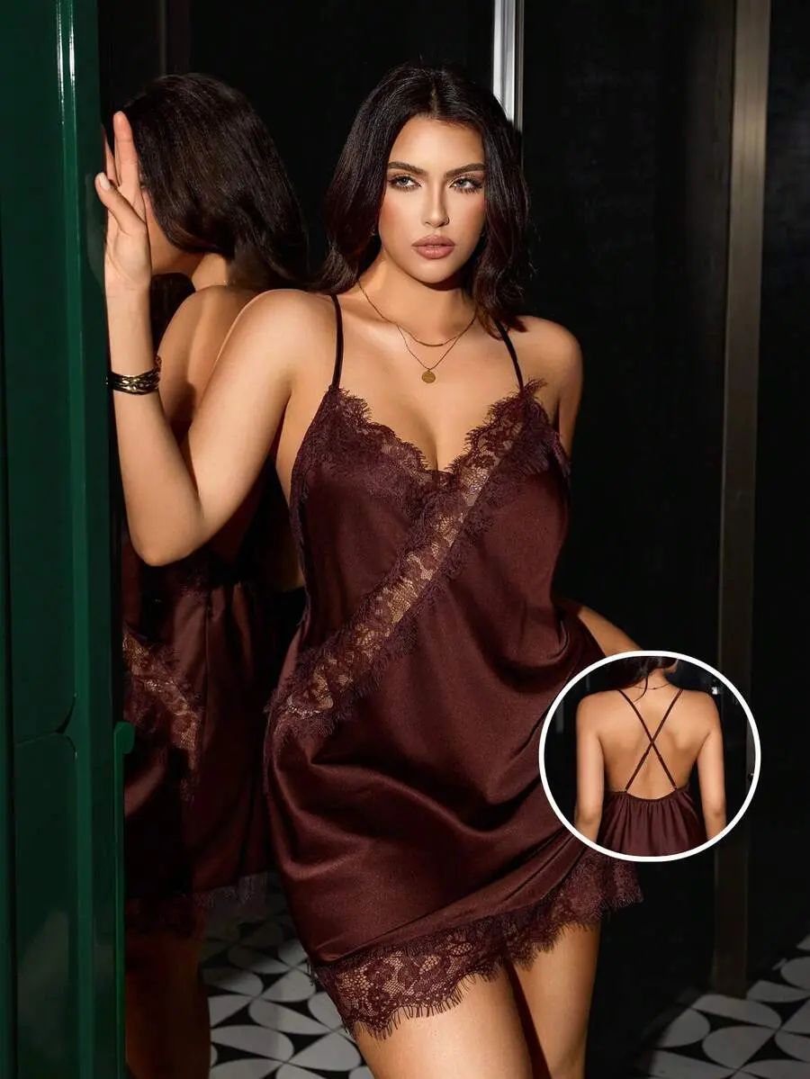DAZY Plus Size Women's Sexy Deep V Slip Dress, Minimalist Lace Patchwork Hollow Out Alluring Nightgown