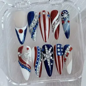 Handmade 4th of July Press On Nails - Red White and Blue Rhinestone Fake Nails | Patriotic Star and Stripe USA 250th Anniversary A250