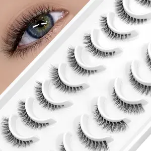 GROINNEA 10 Pairs Natural Fluffy False Eyelashes 9-11mm Short Wispy Effect Fake Eyelashes Lightweight Fuzzy Eyelashes With Thin Invisible Band Cat Eye Lashes,Suitable For Daily Wear Clear Makeup