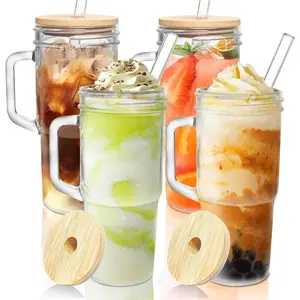 4 Pack 24oz Large Glass Tumblers with Bamboo & Plastic Lids & Straws, Iced Coffee Smoothie Cups, Perfect Easter & Mother's Day Gift, Ideal for Home, Office & Travel