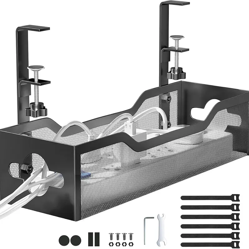 Under Desk Cable Management Tray No Drill, Metal Mesh Cable Management Under Desk with Clamp Mount, 2 Hole Cable Tray with Wire Management and Cord Organizer for Home Office Standing Desk