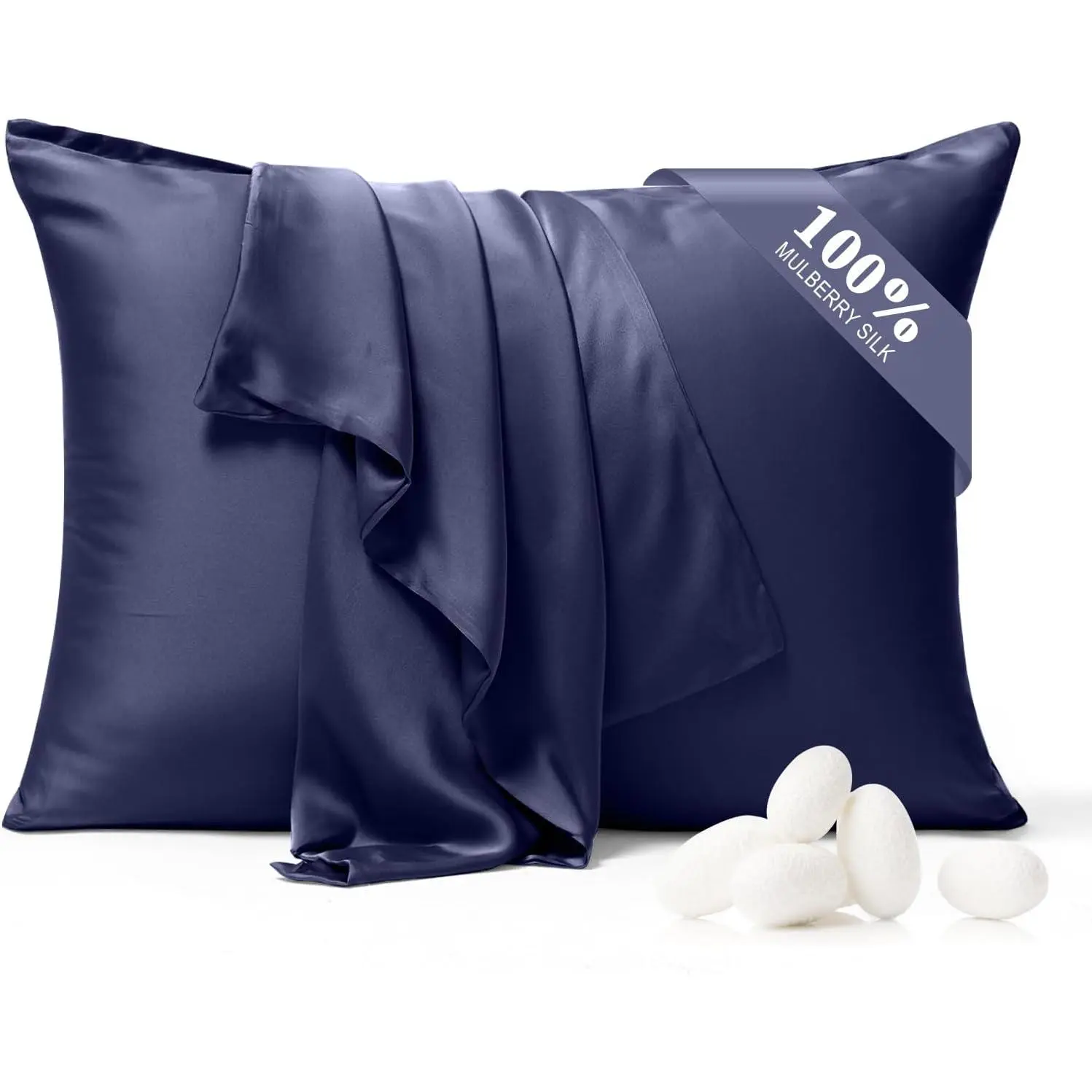 Pure Silk Pillowcase 2 Pack for Hair and , Both Sides 23 Momme Grade 6A+ Mulberry Silk Pillowcases with  Zipper, Soft&Smooth Cooling Pillow Cases (Navy Blue, Standard 20x26)