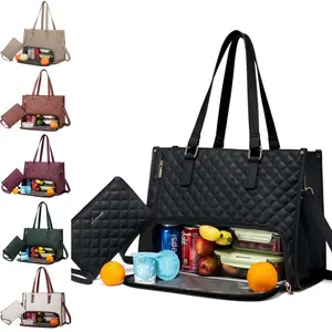 Fashionable Lunch Tote Bag Women's Thermal Insulation Lunch Box Leak-proof Crossbody Computer Storage Bag Quilted Large Capacity Handbag