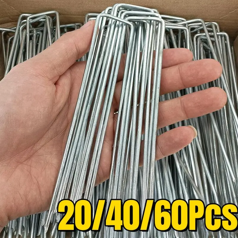 20/40/60Pcs U-Type Garden Staples Heavy Duty Galvanized Landscape Stakes Sod Pins for Weed Barrier Ground Cover Garden Supplies