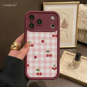 Cherry Gingham Phone Case for iPhone 17 Pro Max, 16, 15, 14 Plus, 13 & Samsung S26 Ultra, S25, S24, S23 – Shockproof Drop Protection – Soft TPU Bumper + Durable PC Back – Cute Sweet Aesthetic Cover