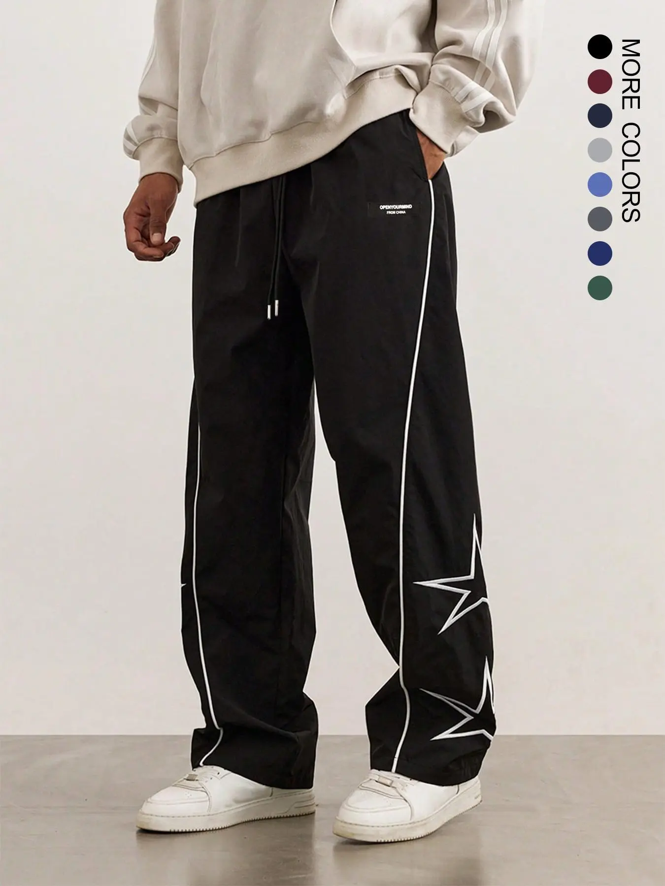 Father's Day Gift，Men's Star Pattern Pocket Drawstring Waist Straight Leg Pants,  Casual Street Letter Patched Contrast Binding Trousers for Daily Wear, Mens Bottoms for All Seasons, National Day Offers