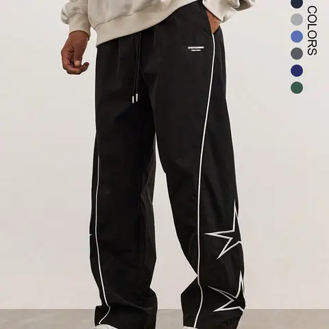 Father's Day Gift，Men's Star Pattern Pocket Drawstring Waist Straight Leg Pants, Casual Street Letter Patched Contrast Binding Trousers for Daily Wear, Mens Bottoms for All Seasons, National Day Offers, Drawstring Waisted
