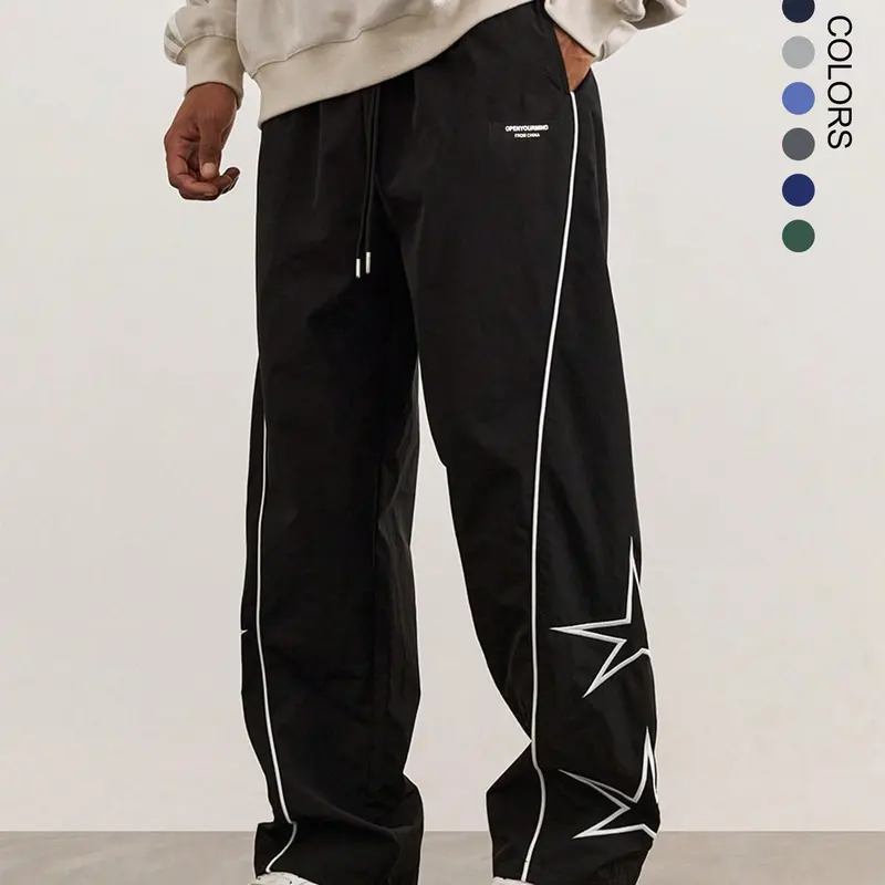 Father's Day Gift,Men's Star Pattern Pocket Drawstring Waist Straight Leg Pants, Casual Street Letter Patched Contrast Binding Trousers for Daily Wear, Mens Bottoms for All Seasons, National Day Offers, Drawstring Waisted