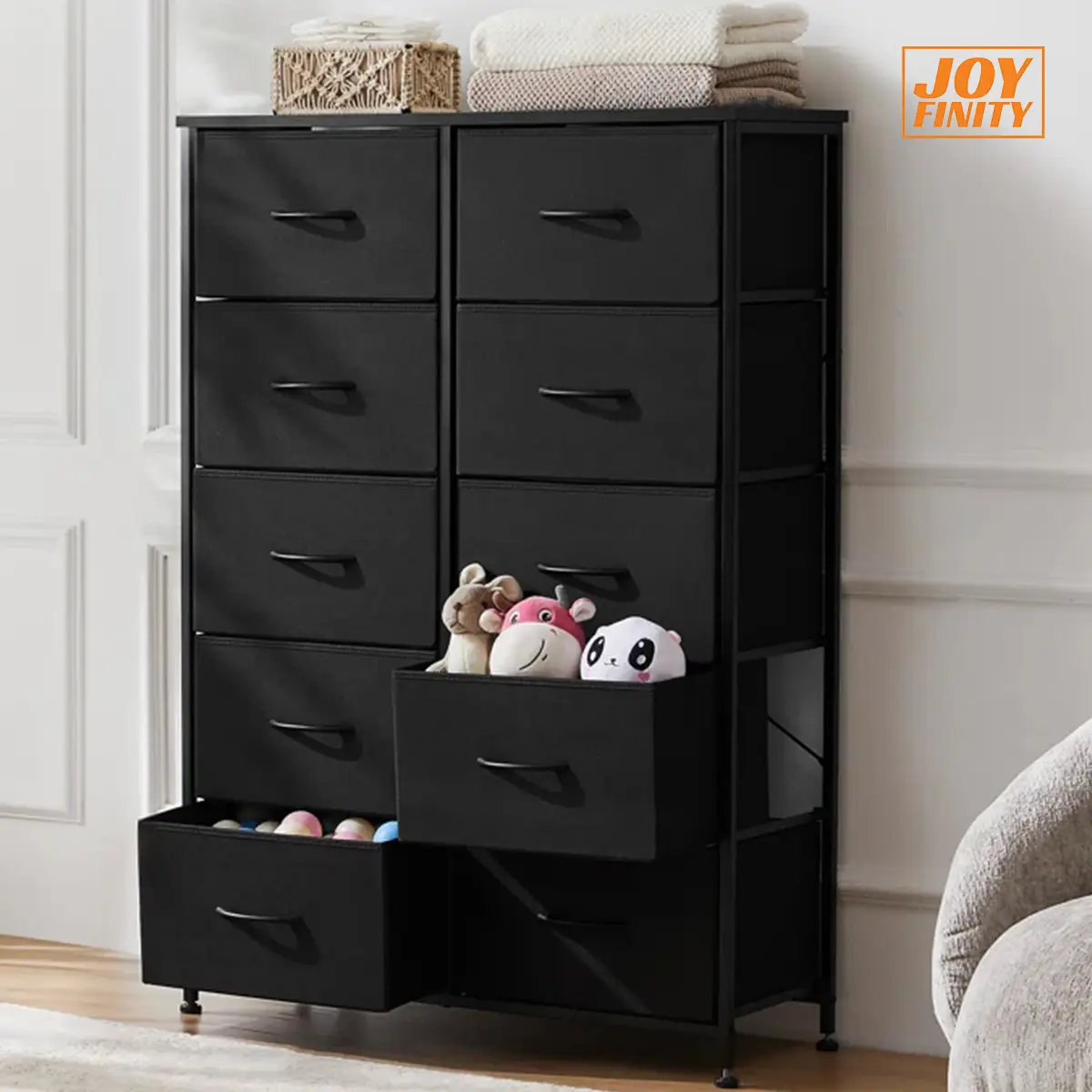 JOYFINITY Dresser for Bedroom,Dresser Organizer Storage Drawers,Fabric Storage Tower with 10 Drawers,Chest of Drawers with Fabric Bin